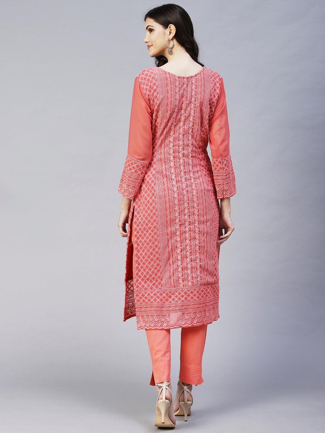 Chikankari Embroidered Straight Fit Kurta - Coral Pink - Indiakreations