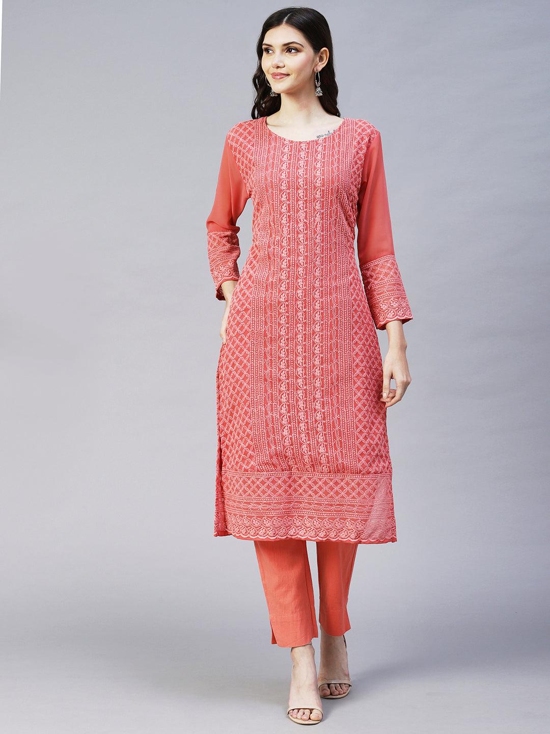 Chikankari Embroidered Straight Fit Kurta - Coral Pink - Indiakreations