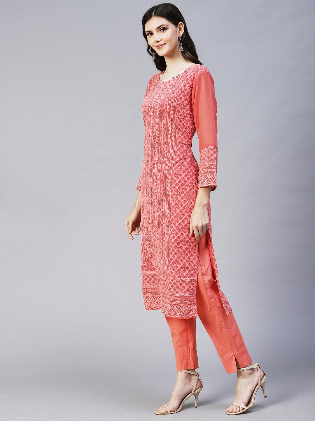 Chikankari Embroidered Straight Fit Kurta - Coral Pink - Indiakreations