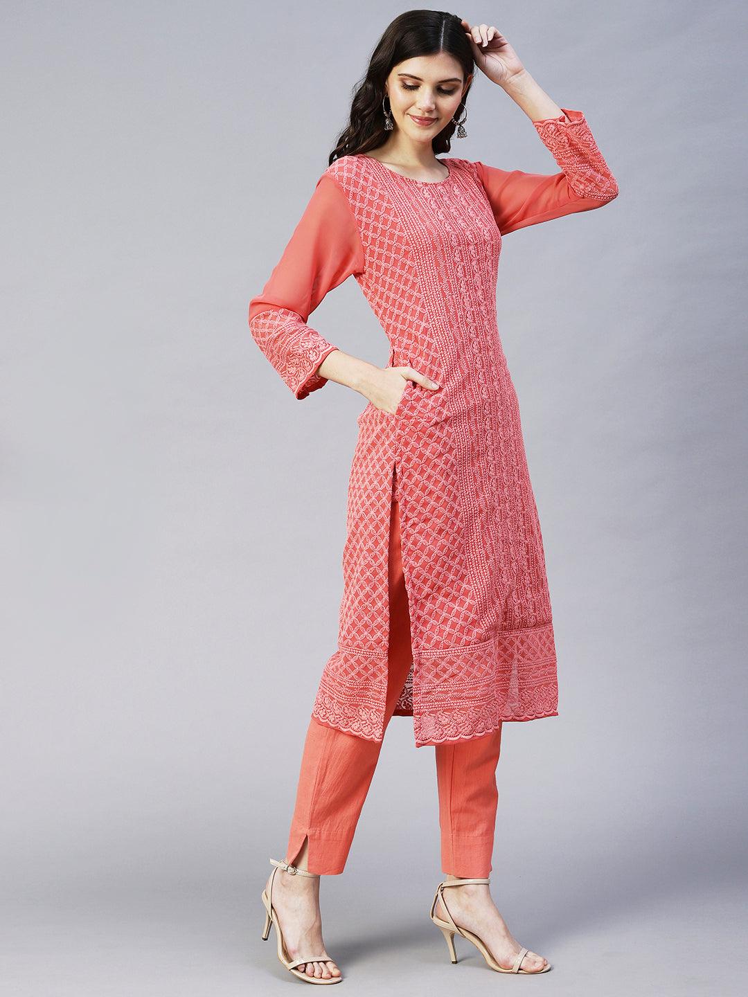 Chikankari Embroidered Straight Fit Kurta - Coral Pink - Indiakreations