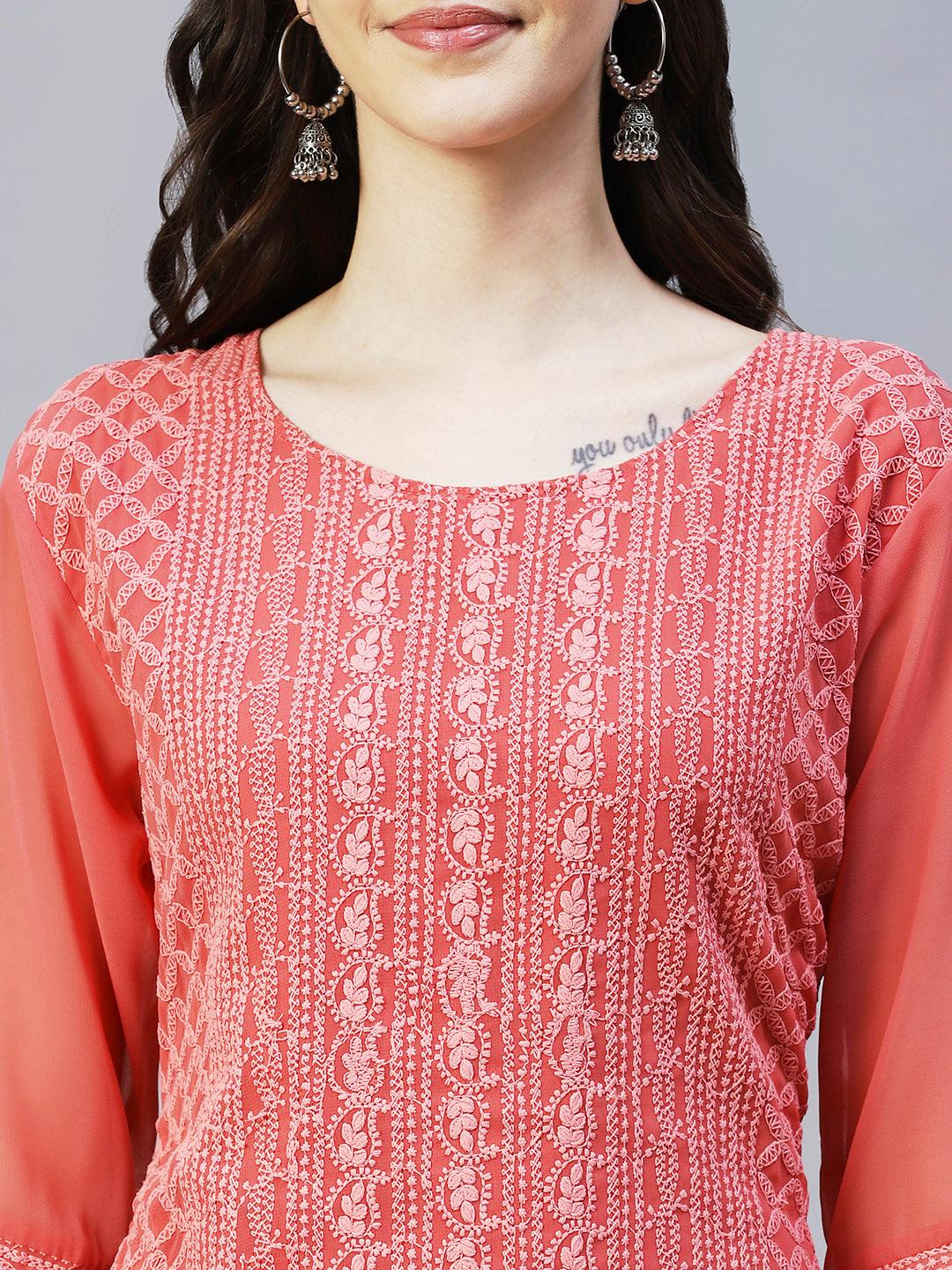 Chikankari Embroidered Straight Fit Kurta - Coral Pink - Indiakreations