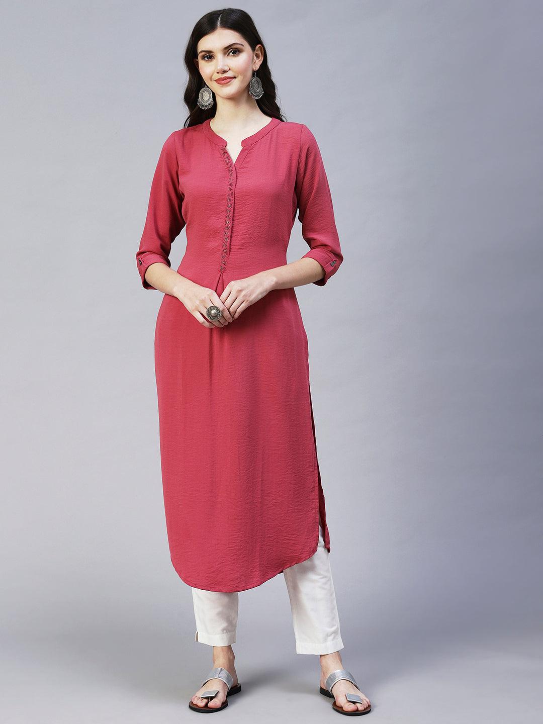 Ethnic Embroidered Straight Fit Kurta - Pink - Indiakreations