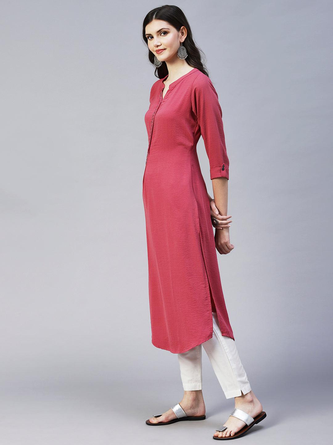 Ethnic Embroidered Straight Fit Kurta - Pink - Indiakreations