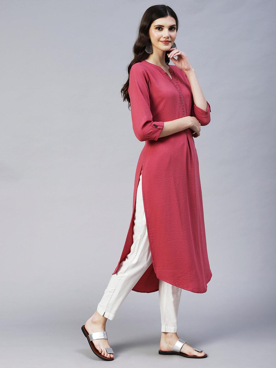 Ethnic Embroidered Straight Fit Kurta - Pink - Indiakreations