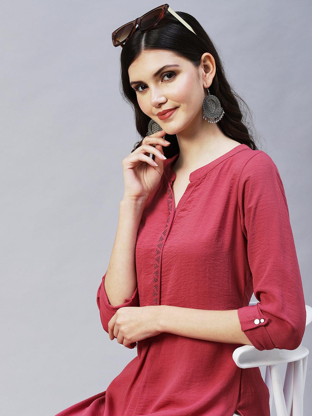 Ethnic Embroidered Straight Fit Kurta - Pink - Indiakreations