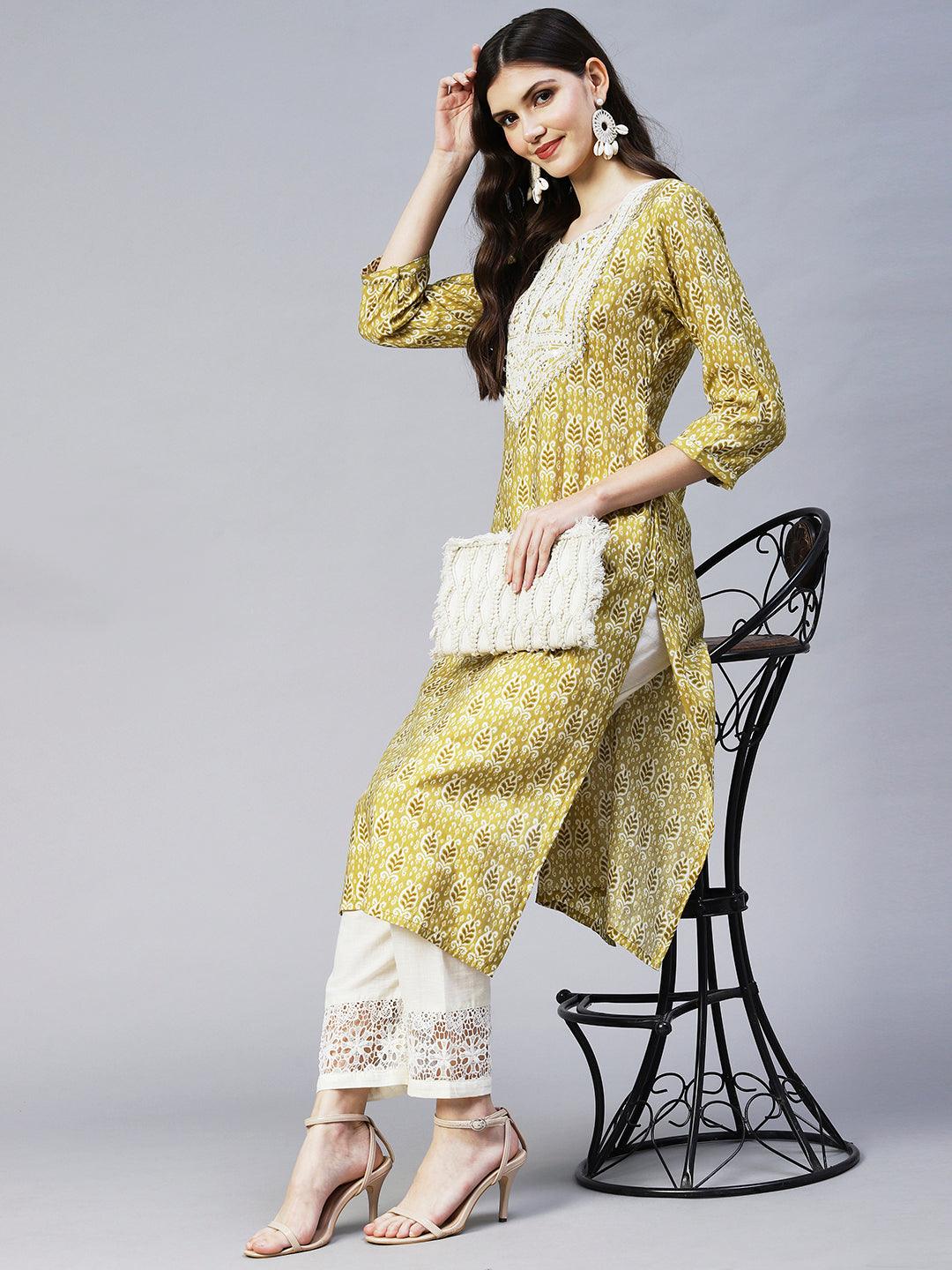 Ethnic Printed & Embroidered Straight Fit Kurta - Mustard Green - Indiakreations