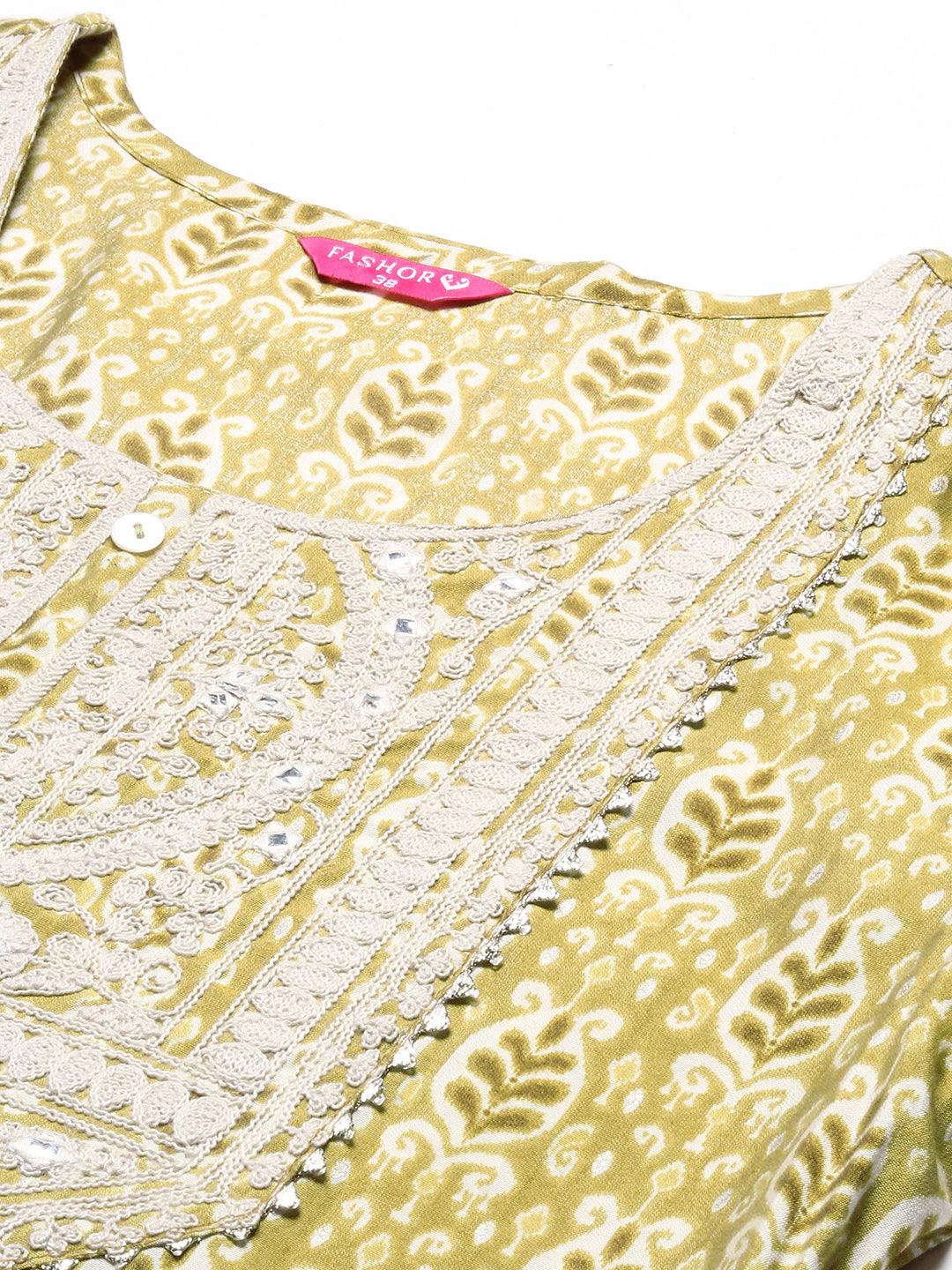 Ethnic Printed & Embroidered Straight Fit Kurta - Mustard Green - Indiakreations