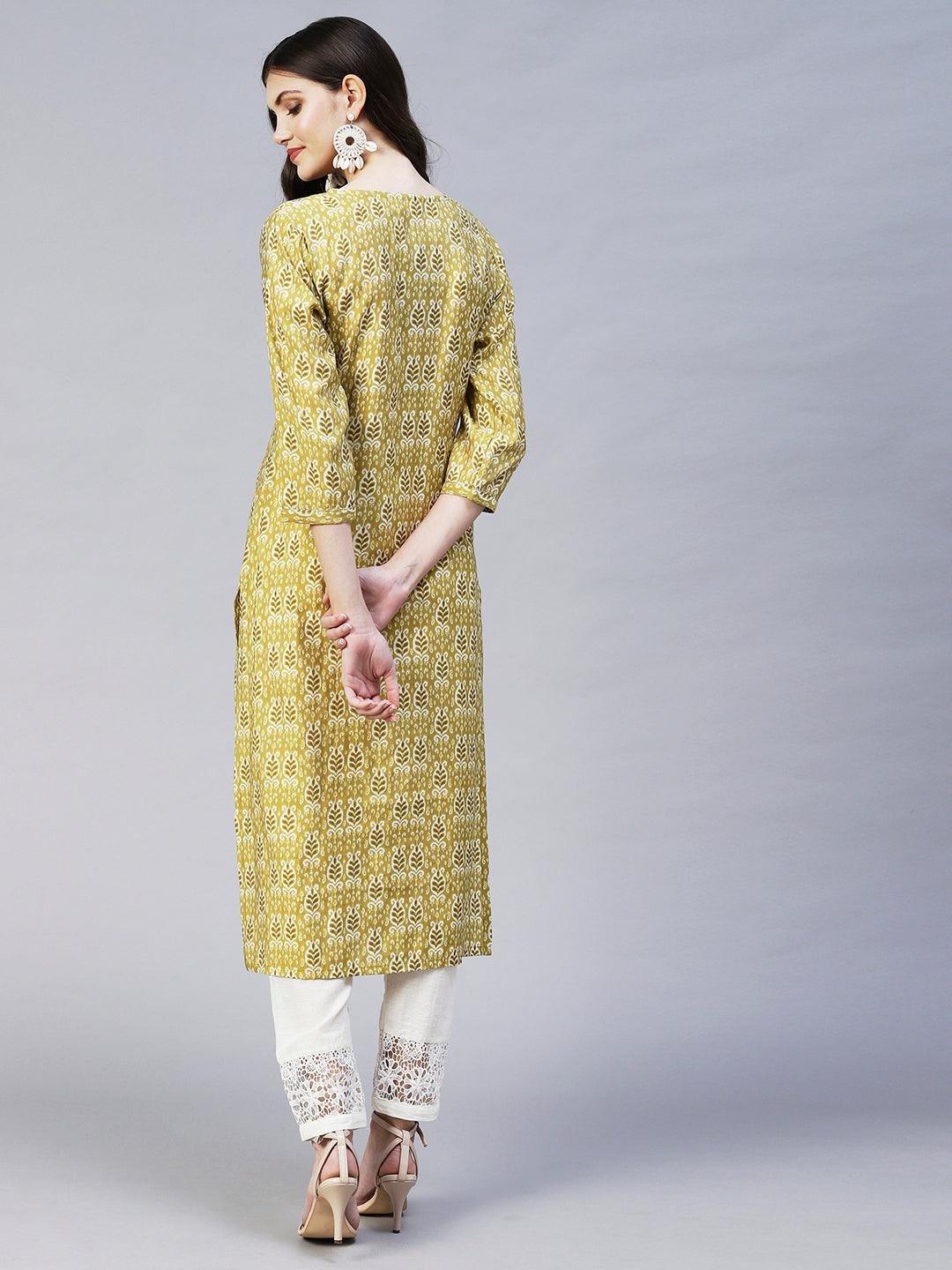 Ethnic Printed & Embroidered Straight Fit Kurta - Mustard Green - Indiakreations