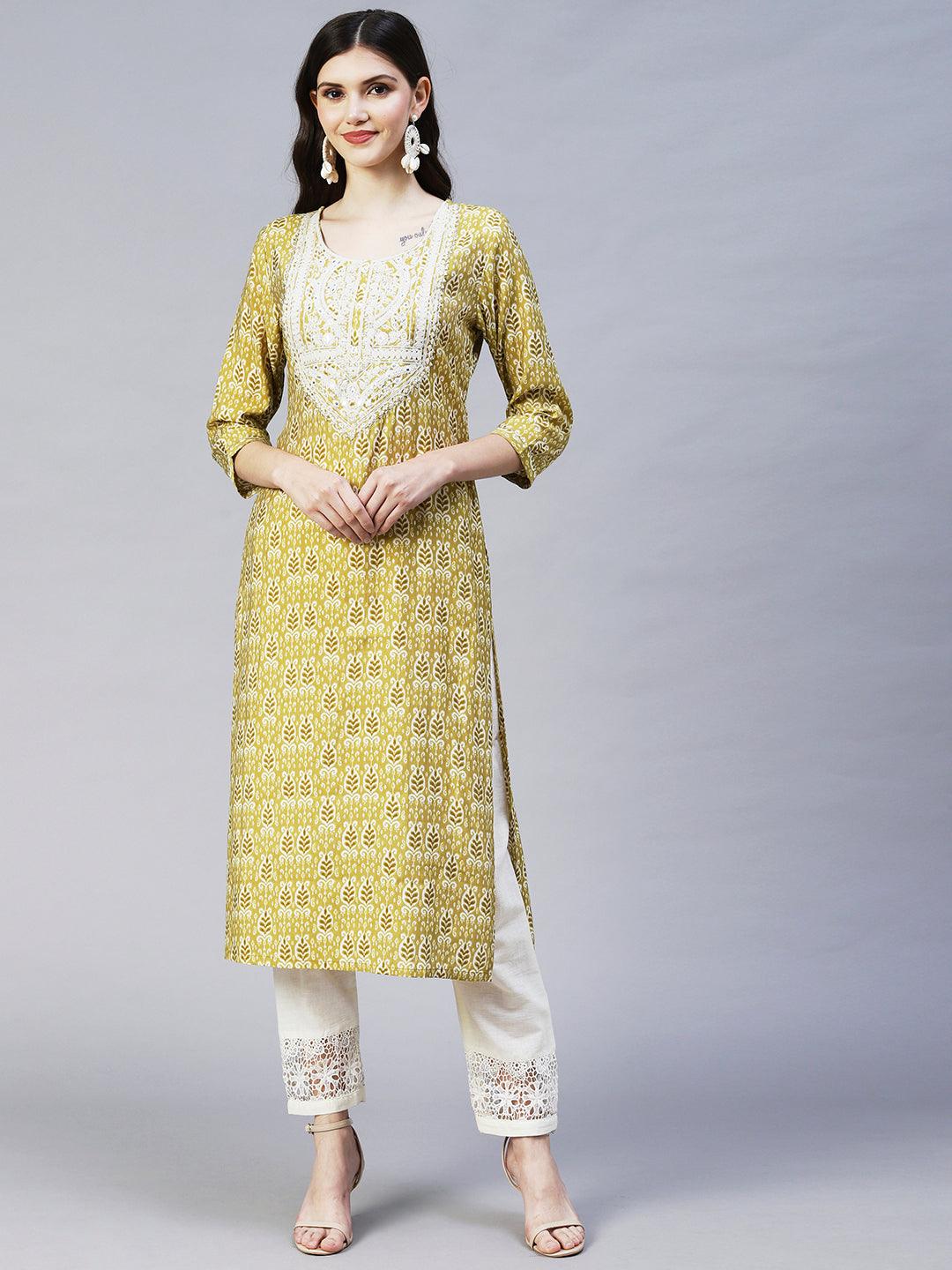 Ethnic Printed & Embroidered Straight Fit Kurta - Mustard Green - Indiakreations