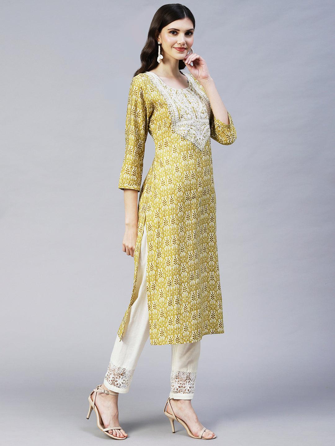 Ethnic Printed & Embroidered Straight Fit Kurta - Mustard Green - Indiakreations