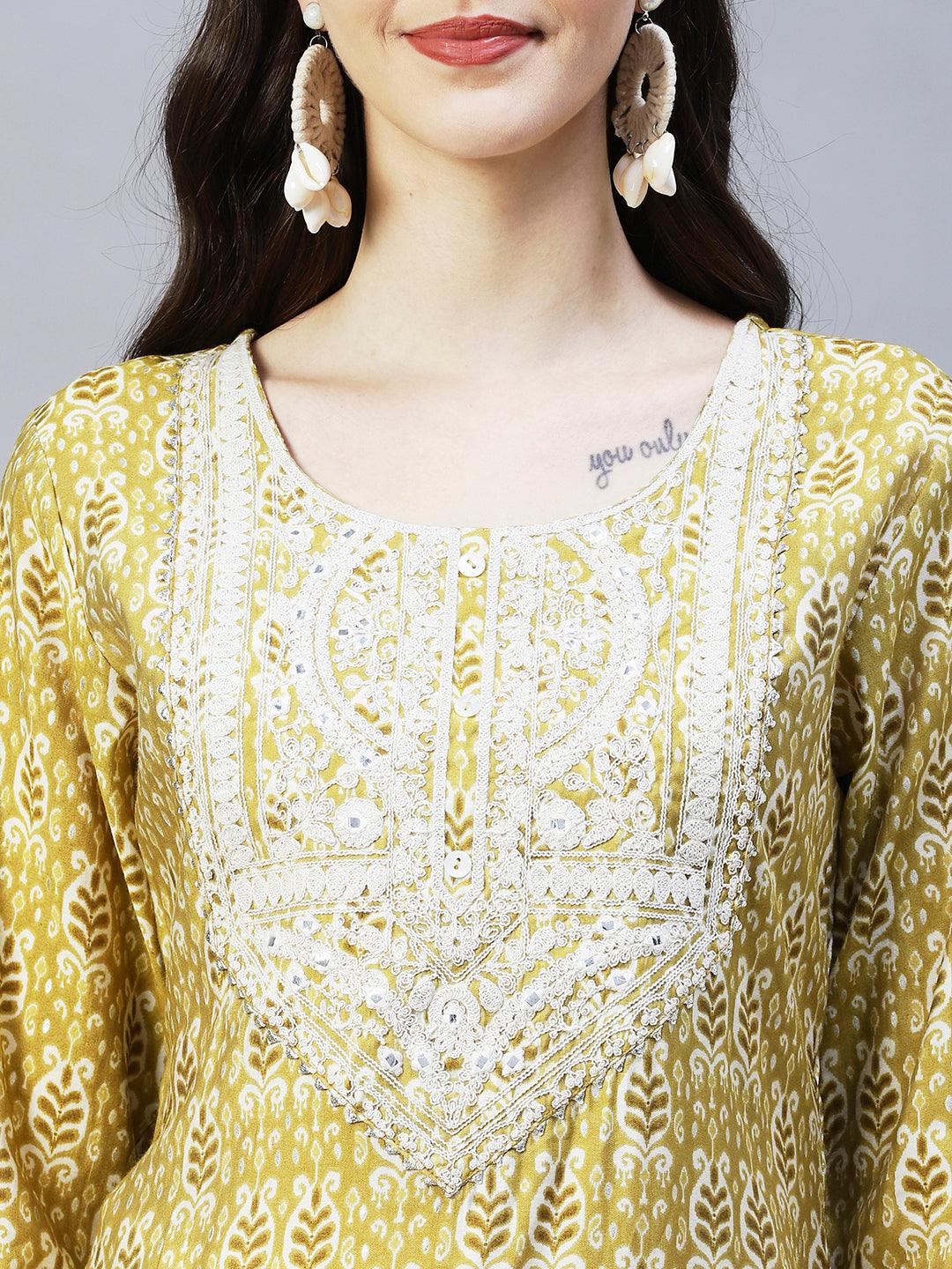 Ethnic Printed & Embroidered Straight Fit Kurta - Mustard Green - Indiakreations