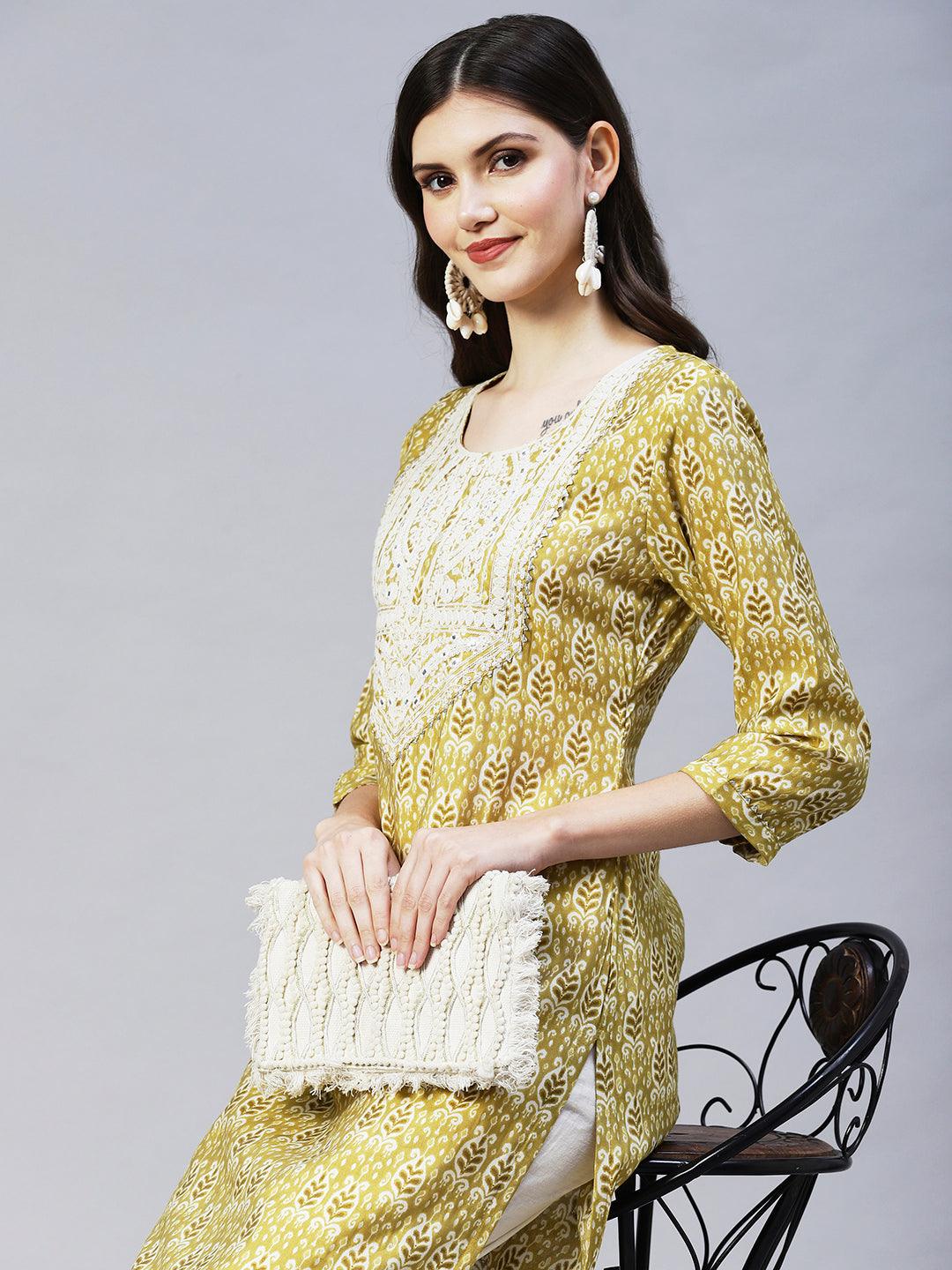 Ethnic Printed & Embroidered Straight Fit Kurta - Mustard Green - Indiakreations