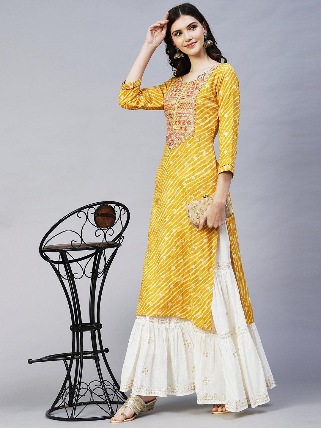 Leheriya Printed & Embroidered Straight Fit Kurta - Yellow - Indiakreations