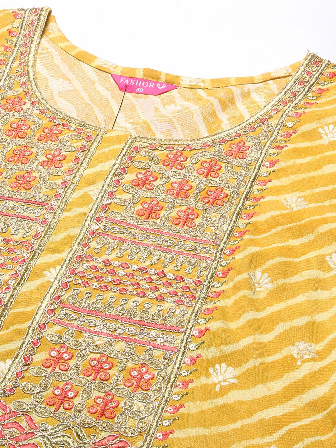 Leheriya Printed & Embroidered Straight Fit Kurta - Yellow - Indiakreations