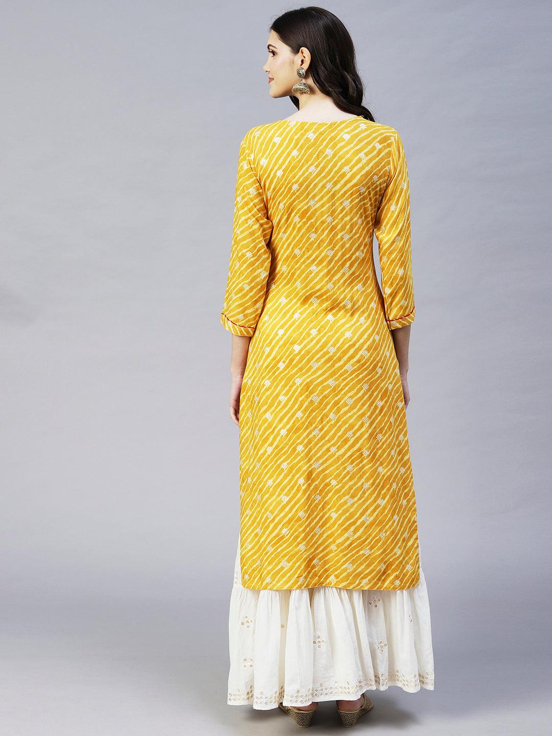 Leheriya Printed & Embroidered Straight Fit Kurta - Yellow - Indiakreations