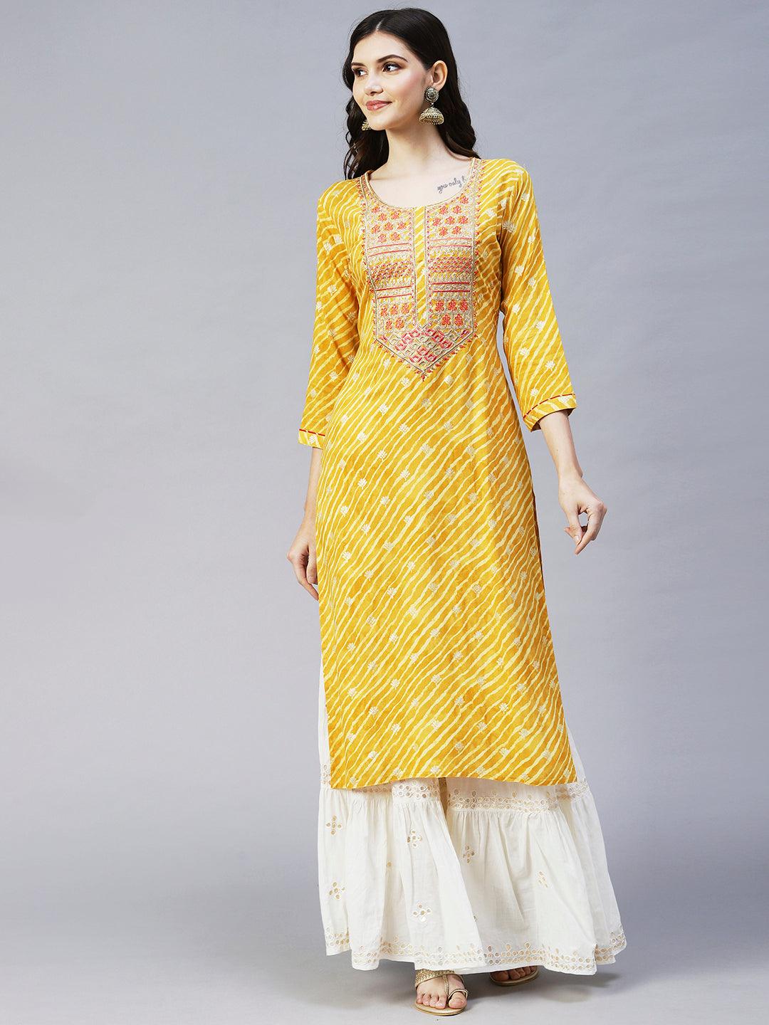 Leheriya Printed & Embroidered Straight Fit Kurta - Yellow - Indiakreations