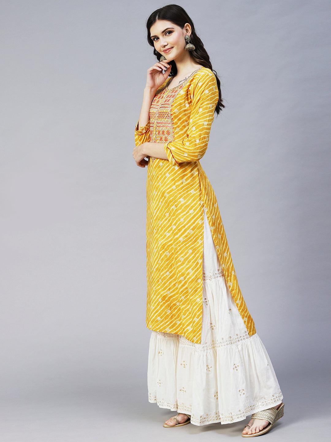 Leheriya Printed & Embroidered Straight Fit Kurta - Yellow - Indiakreations