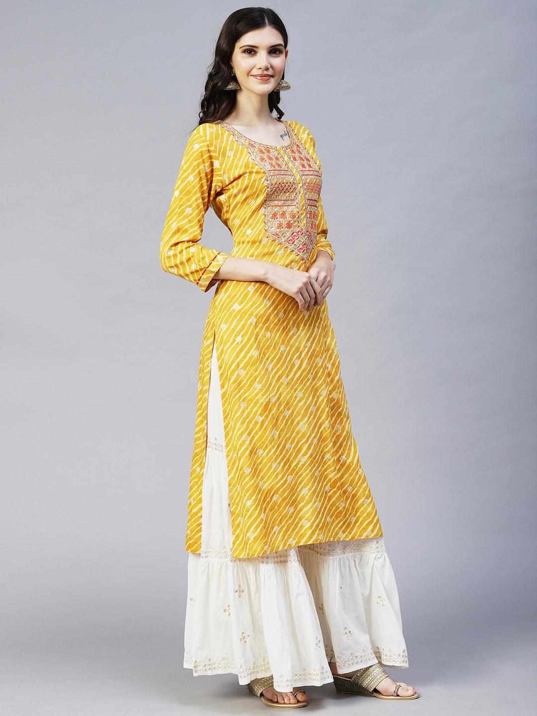 Leheriya Printed & Embroidered Straight Fit Kurta - Yellow - Indiakreations