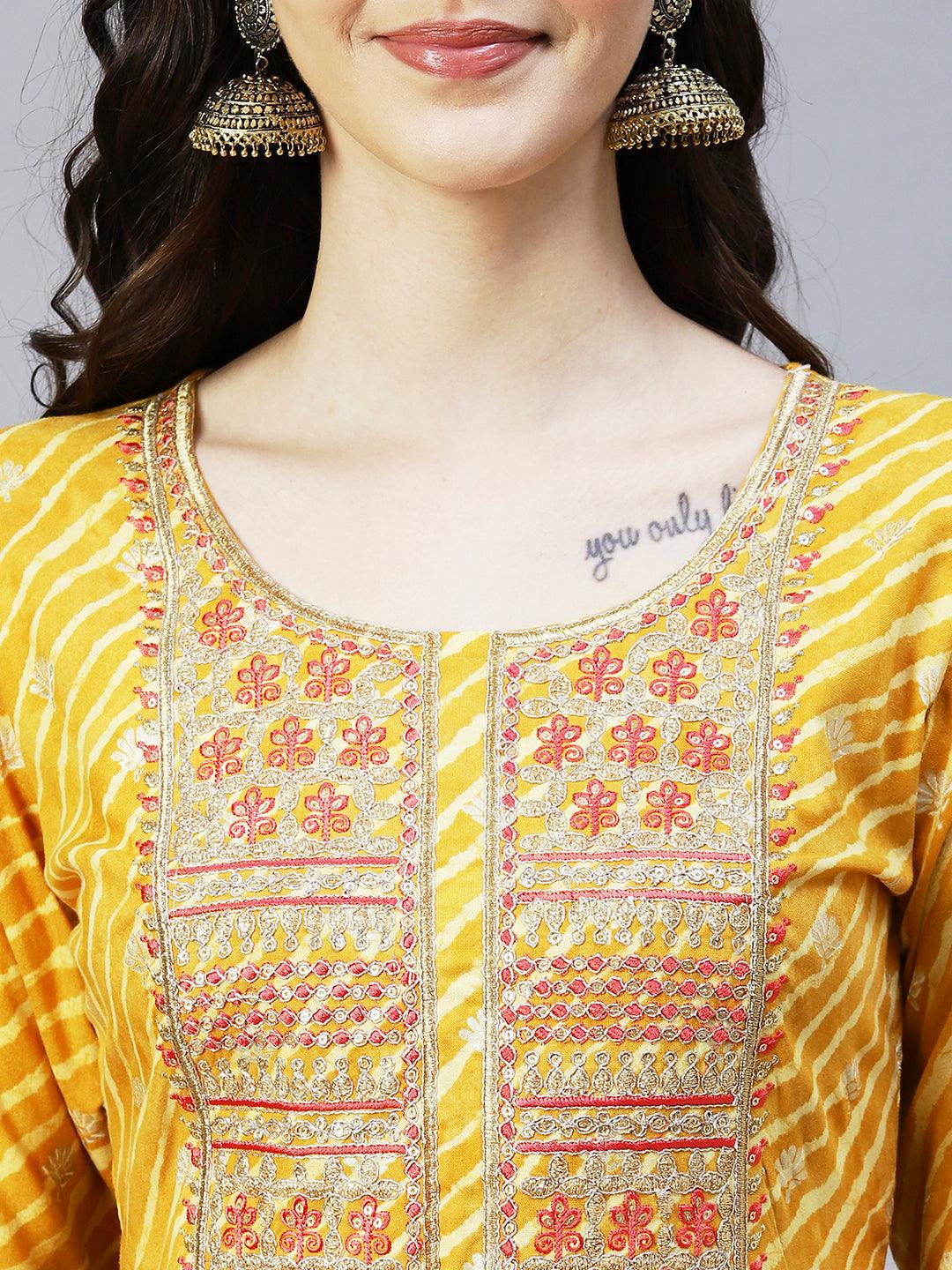 Leheriya Printed & Embroidered Straight Fit Kurta - Yellow - Indiakreations