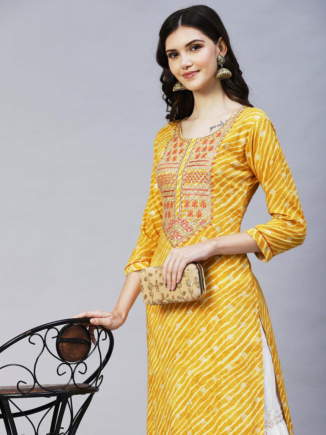 Leheriya Printed & Embroidered Straight Fit Kurta - Yellow - Indiakreations