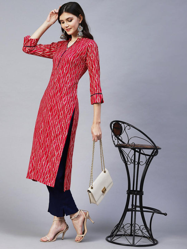 Ethnic Printed & Embroidered Straight Kurta - Magenta Pink - Indiakreations