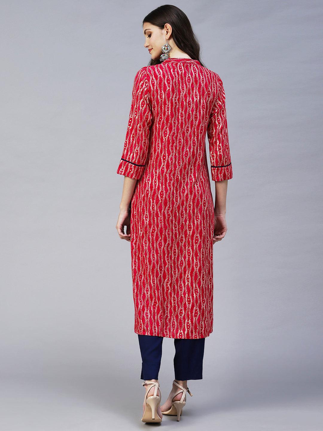 Ethnic Printed & Embroidered Straight Kurta - Magenta Pink - Indiakreations