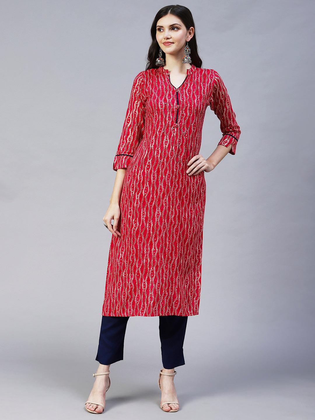 Ethnic Printed & Embroidered Straight Kurta - Magenta Pink - Indiakreations