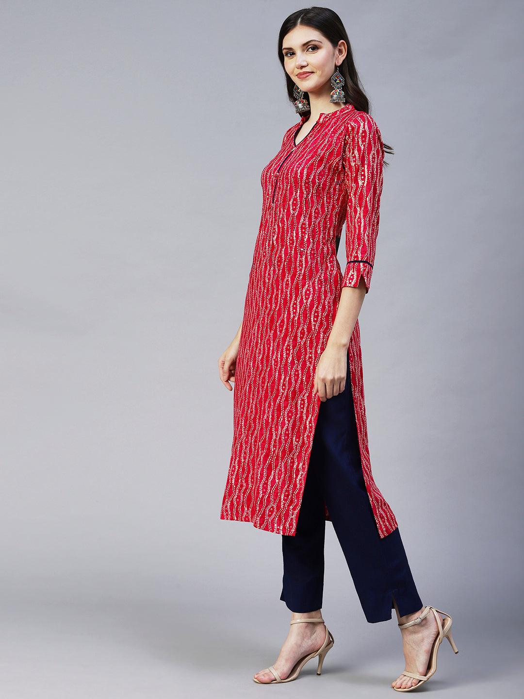 Ethnic Printed & Embroidered Straight Kurta - Magenta Pink - Indiakreations