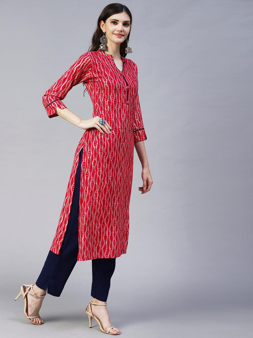 Ethnic Printed & Embroidered Straight Kurta - Magenta Pink - Indiakreations