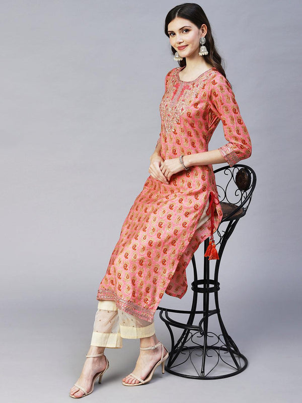 Ethnic Printed & Embroidered Straight Fit Kurta - Pink - Indiakreations