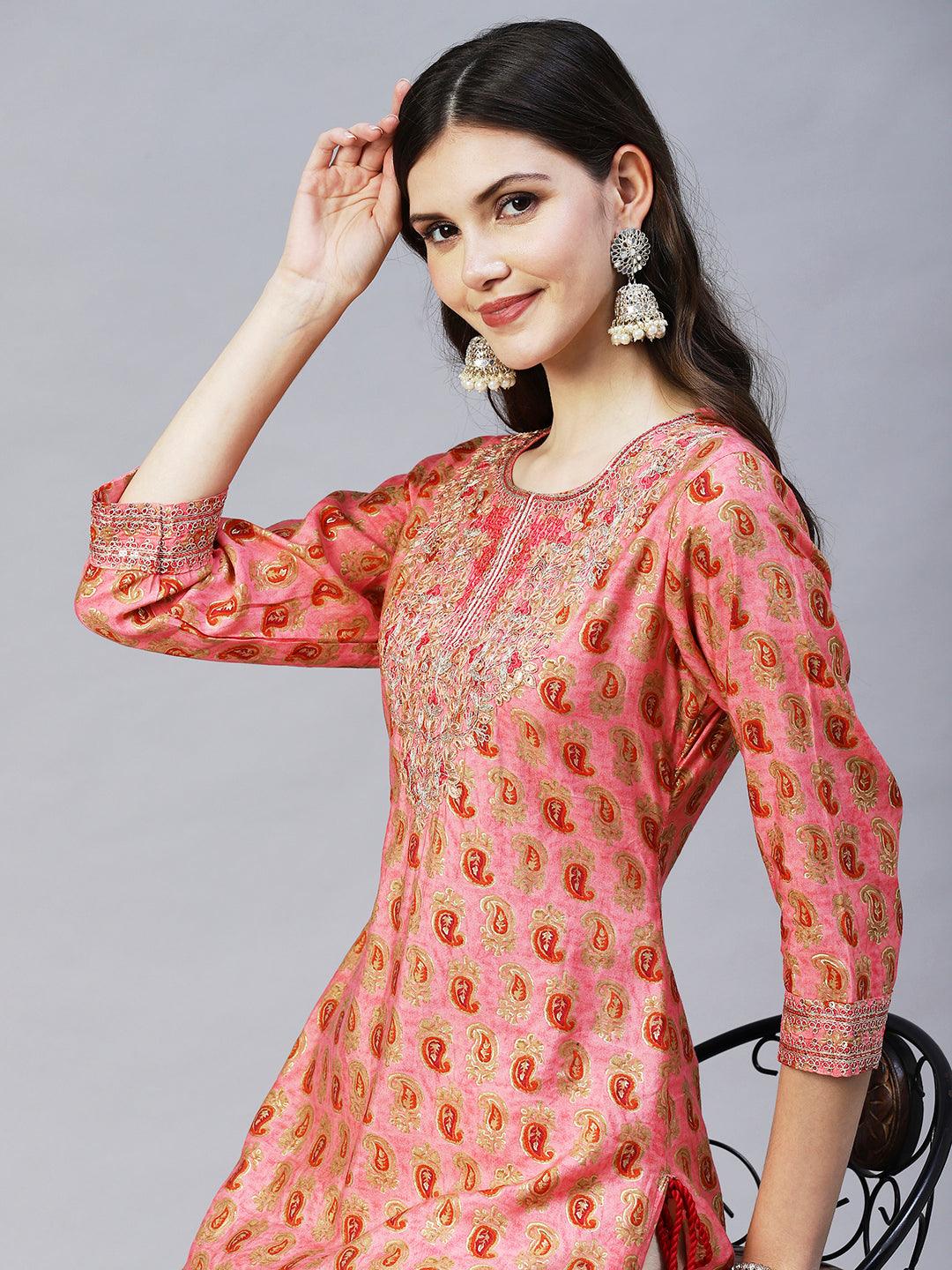 Ethnic Printed & Embroidered Straight Fit Kurta - Pink - Indiakreations