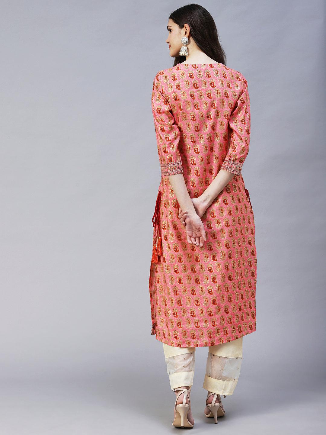 Ethnic Printed & Embroidered Straight Fit Kurta - Pink - Indiakreations