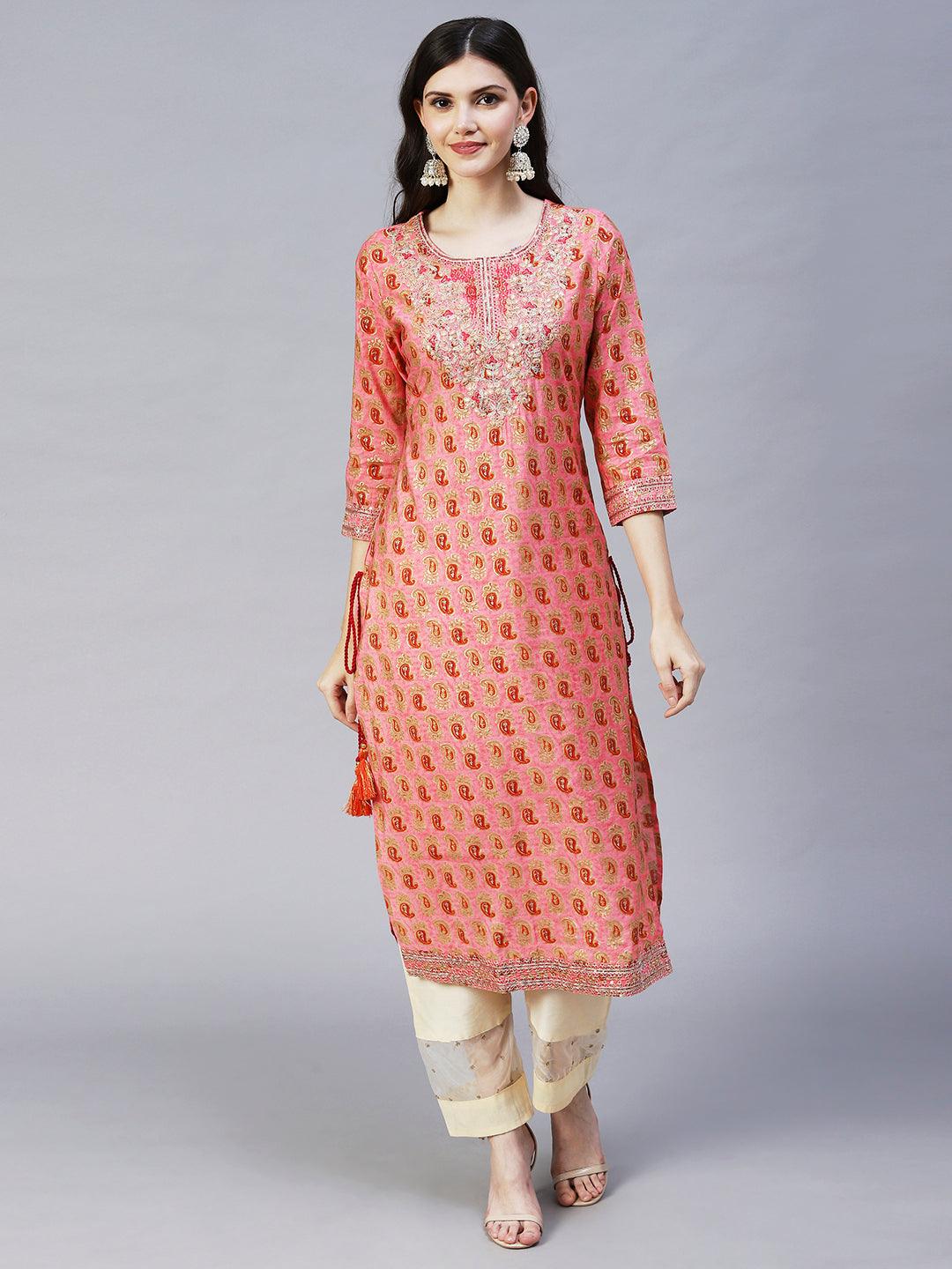 Ethnic Printed & Embroidered Straight Fit Kurta - Pink - Indiakreations