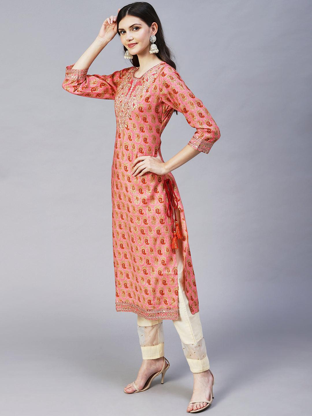 Ethnic Printed & Embroidered Straight Fit Kurta - Pink - Indiakreations