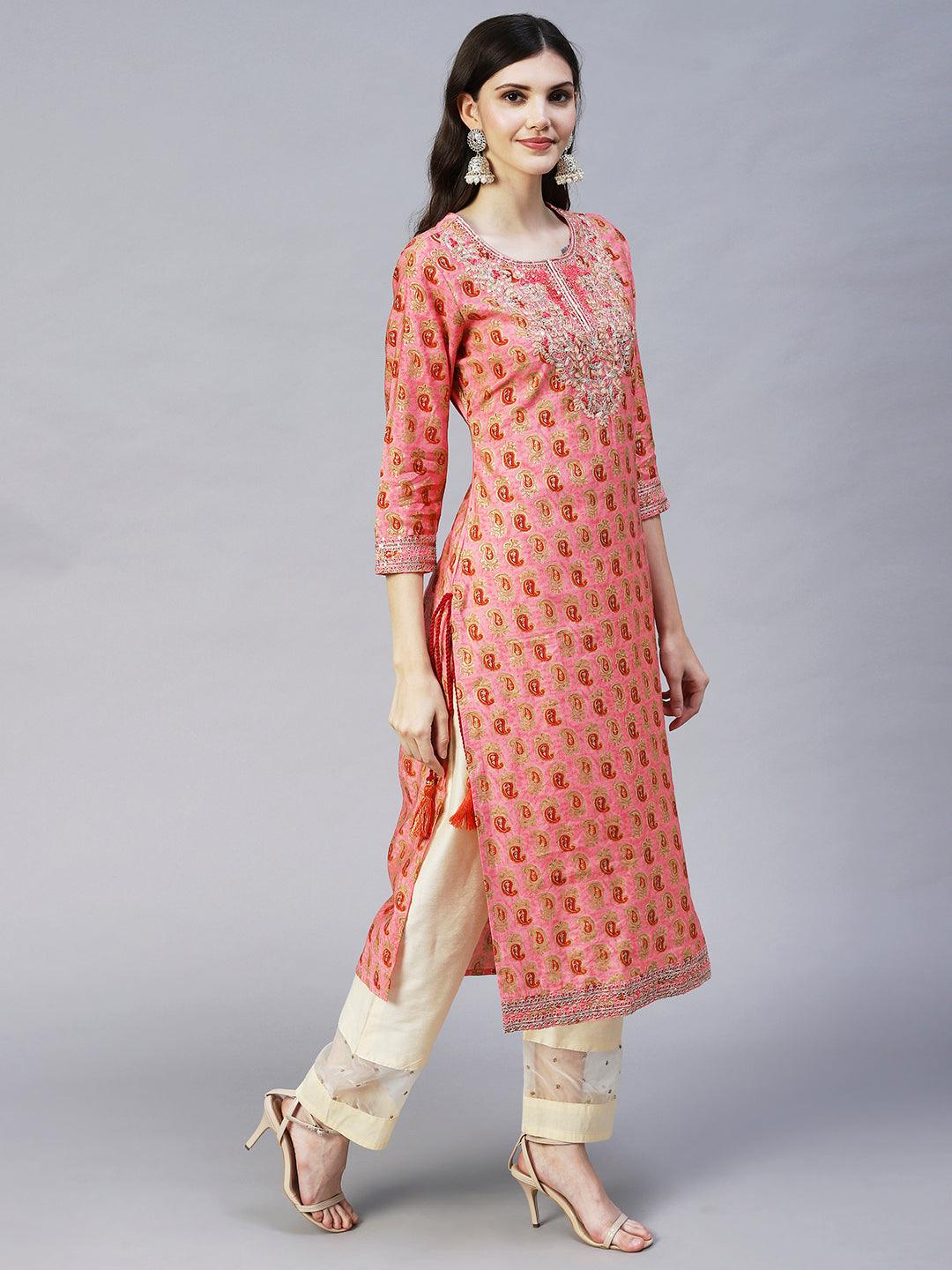 Ethnic Printed & Embroidered Straight Fit Kurta - Pink - Indiakreations