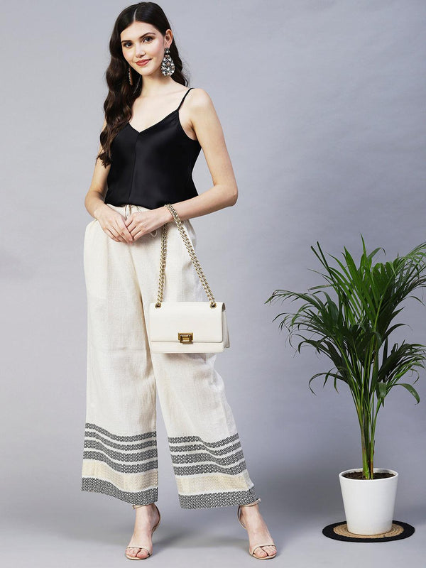 Solid Ethnic Woven Straight Fit Palazzo - Off White - Indiakreations