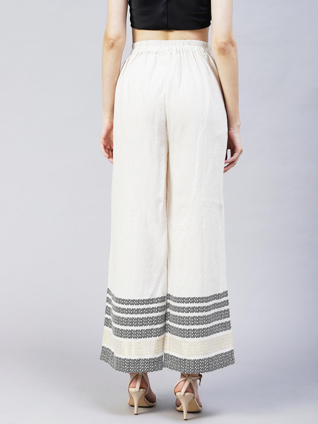 Solid Ethnic Woven Straight Fit Palazzo - Off White - Indiakreations