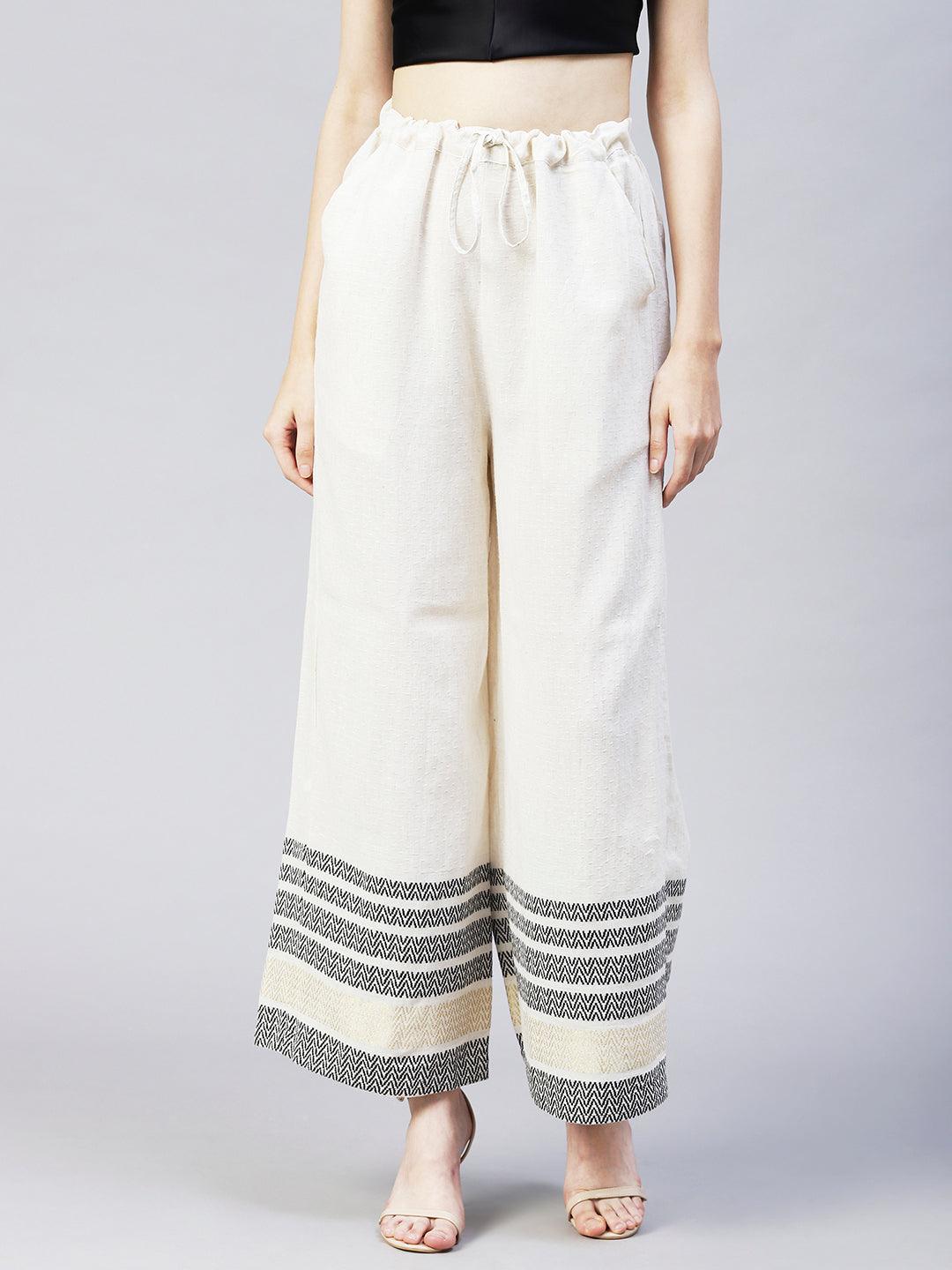 Solid Ethnic Woven Straight Fit Palazzo - Off White - Indiakreations