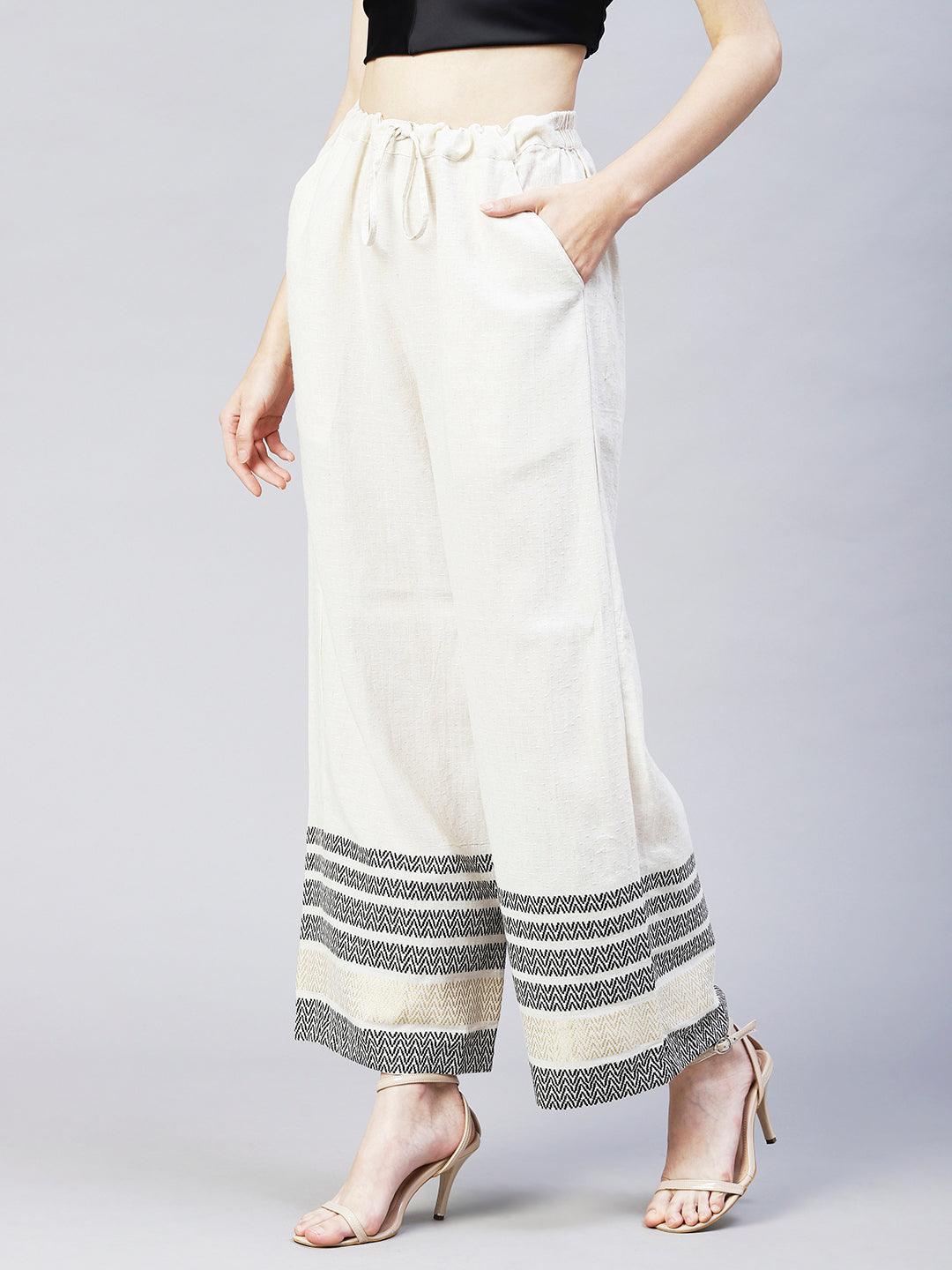 Solid Ethnic Woven Straight Fit Palazzo - Off White - Indiakreations