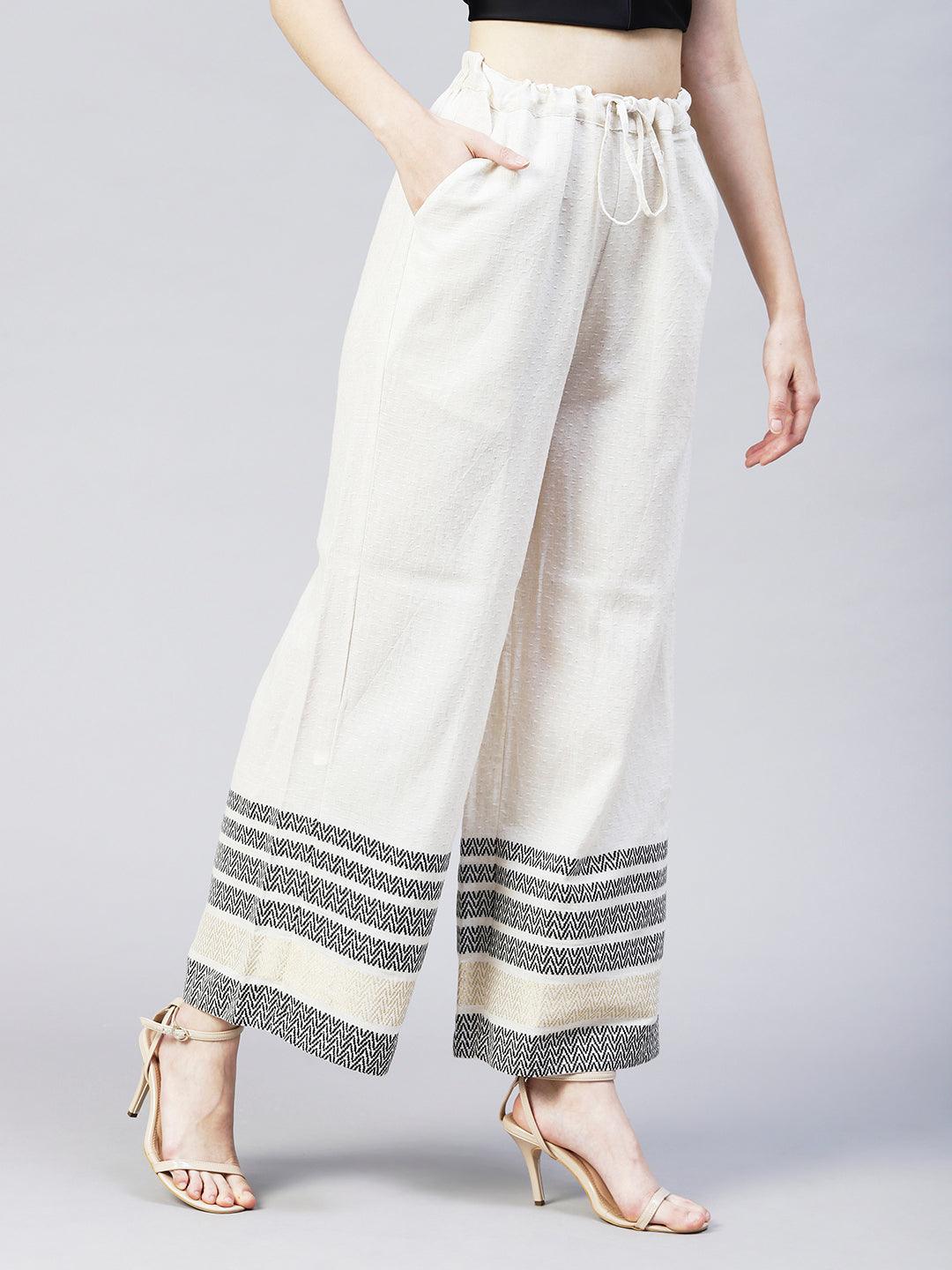 Solid Ethnic Woven Straight Fit Palazzo - Off White - Indiakreations