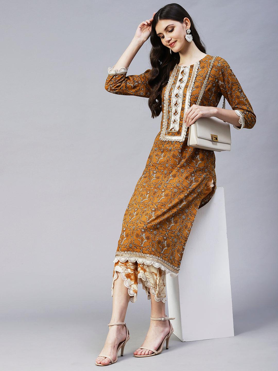 Ethnic Printed & Embroidered Straight Fit Kurta & Pant - Mustard - Indiakreations