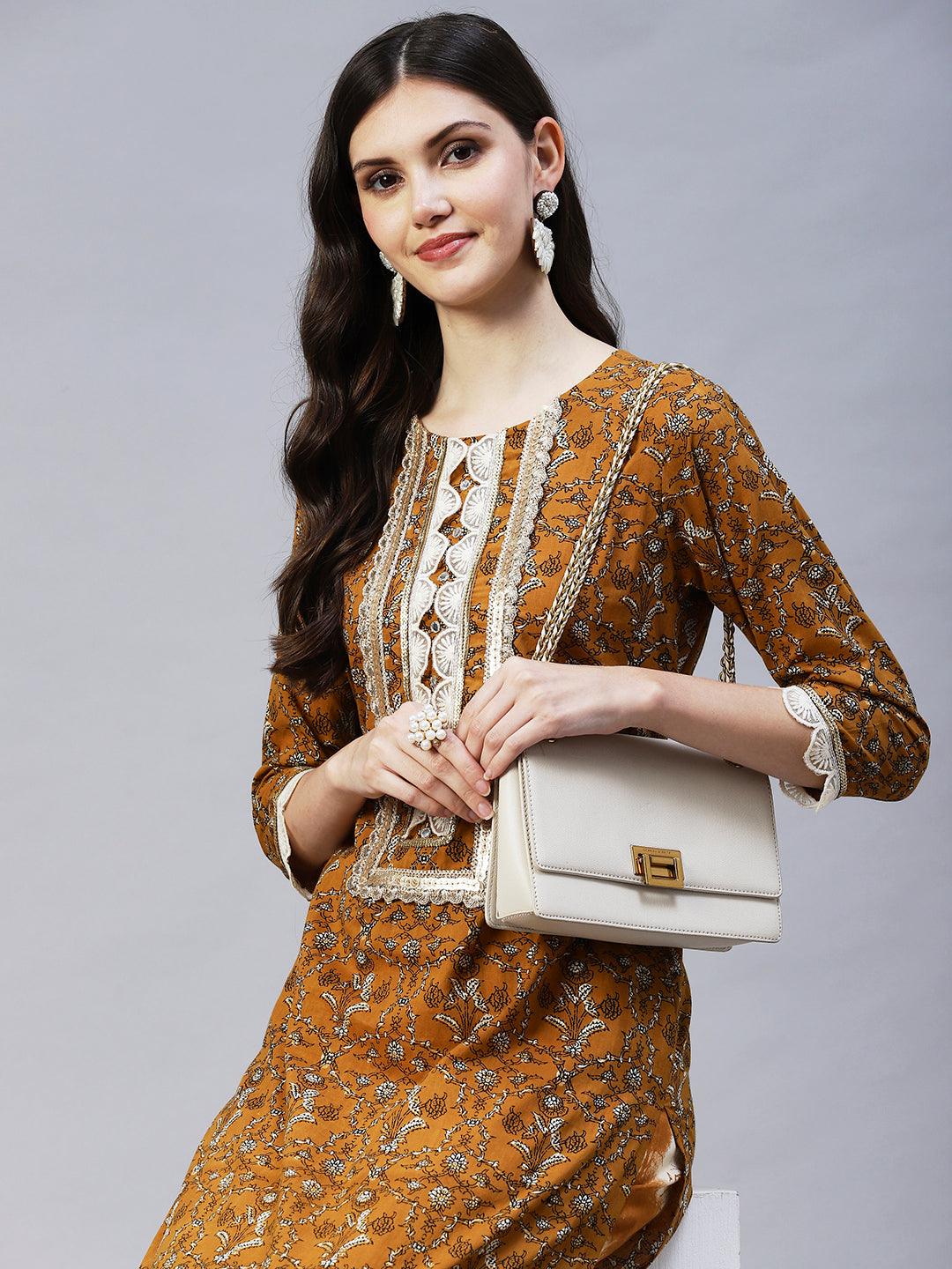 Ethnic Printed & Embroidered Straight Fit Kurta & Pant - Mustard - Indiakreations