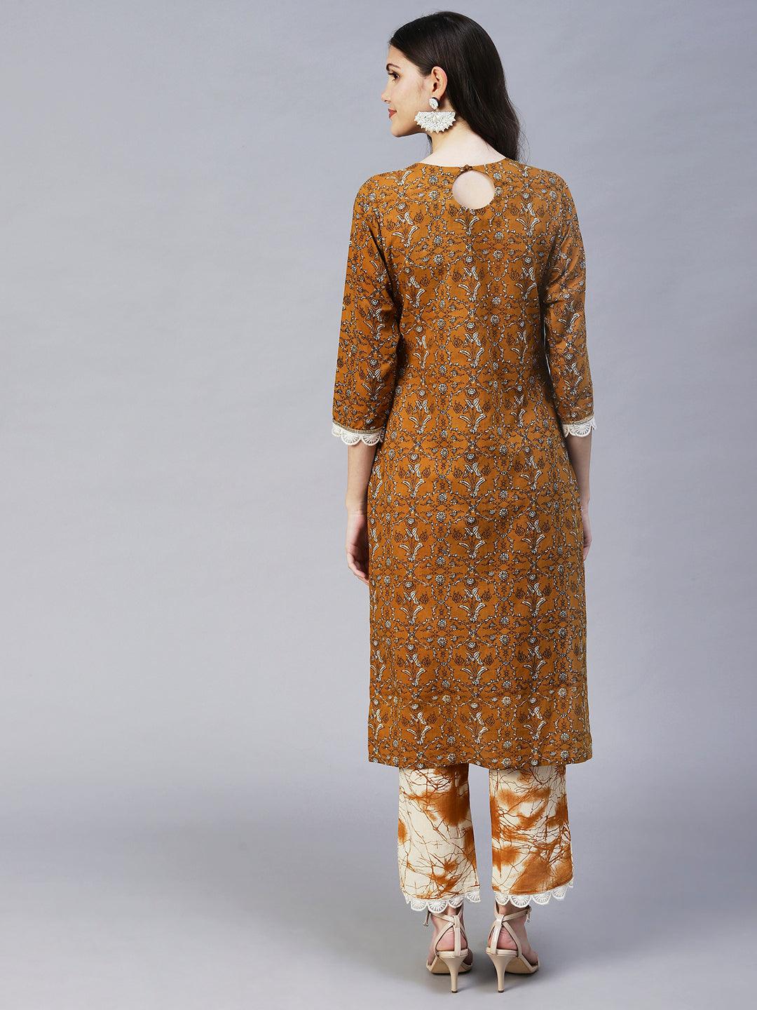 Ethnic Printed & Embroidered Straight Fit Kurta & Pant - Mustard - Indiakreations