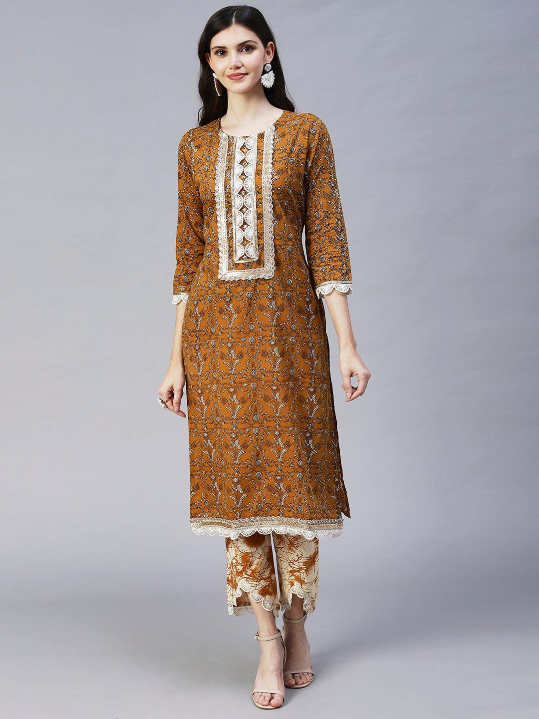 Ethnic Printed & Embroidered Straight Fit Kurta & Pant - Mustard - Indiakreations