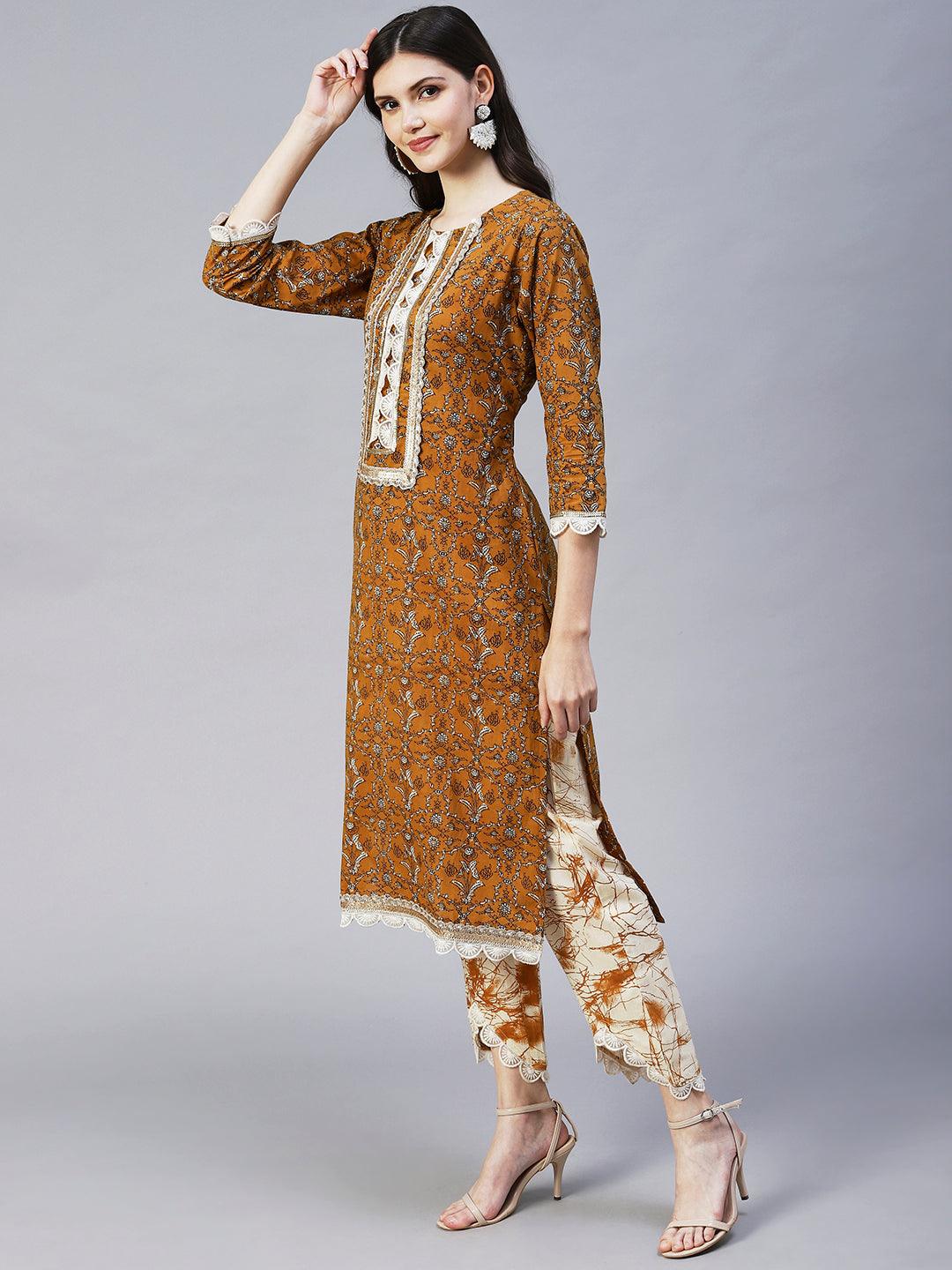 Ethnic Printed & Embroidered Straight Fit Kurta & Pant - Mustard - Indiakreations