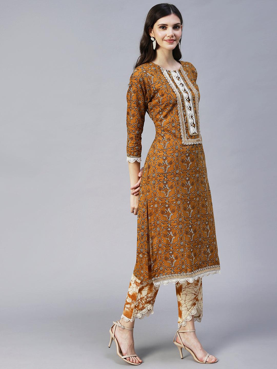 Ethnic Printed & Embroidered Straight Fit Kurta & Pant - Mustard - Indiakreations