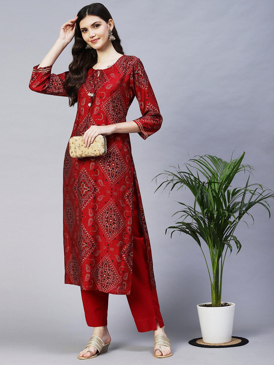 Bandhani Printed Straight Fit Kurta with Pant - Maroon - Indiakreations