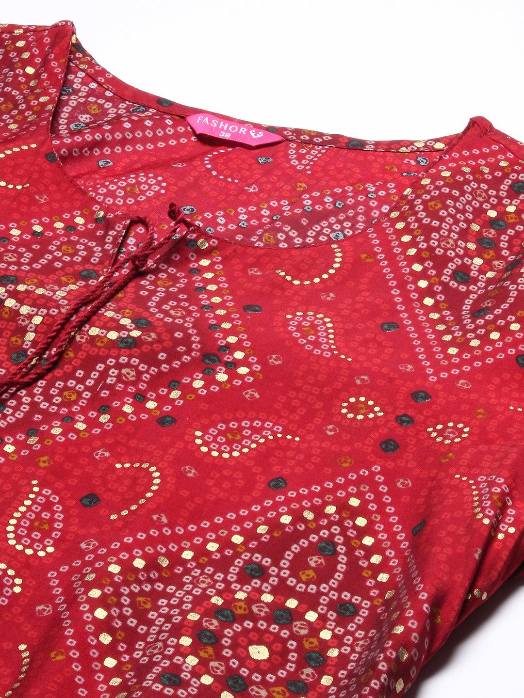 Bandhani Printed Straight Fit Kurta with Pant - Maroon - Indiakreations