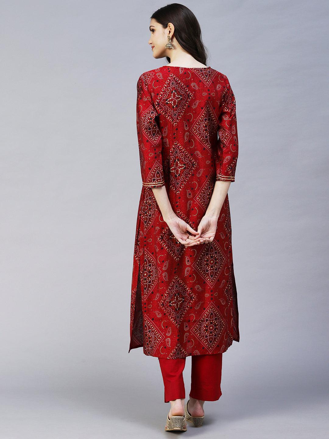 Bandhani Printed Straight Fit Kurta with Pant - Maroon - Indiakreations