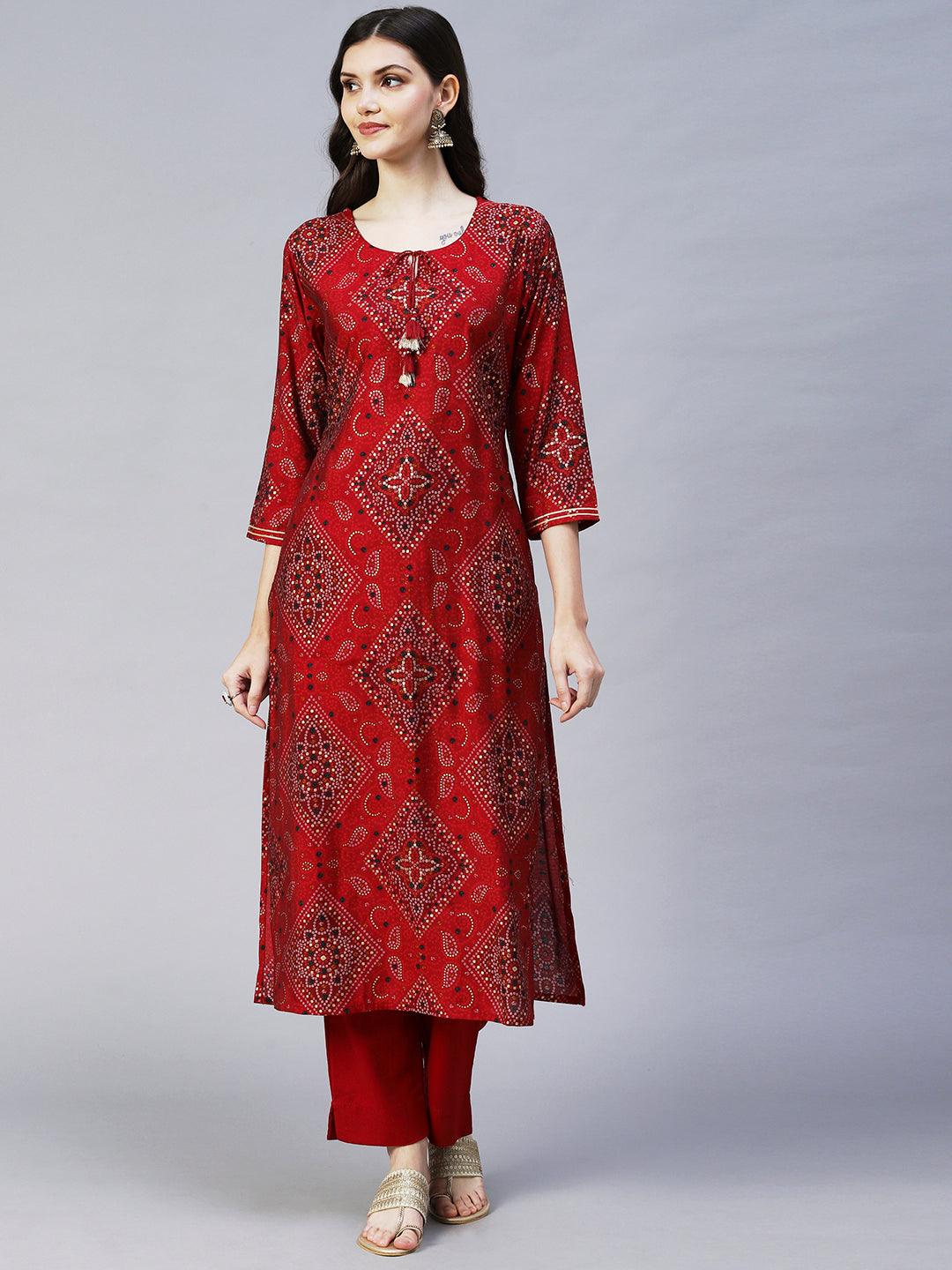 Bandhani Printed Straight Fit Kurta with Pant - Maroon - Indiakreations